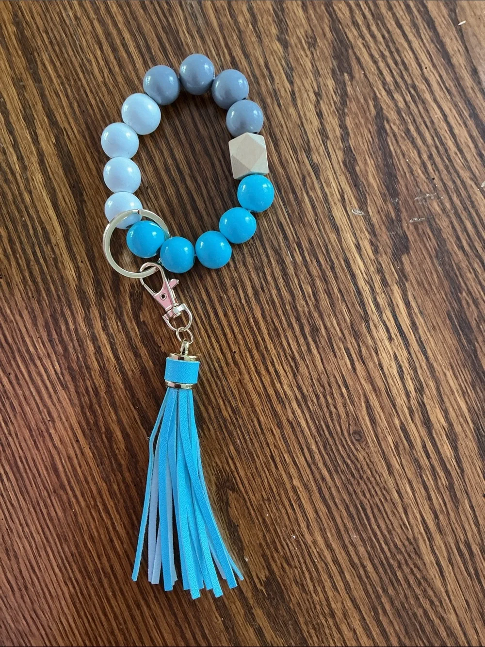Beaded Wristlet Key & Card Holder Bracelet - Blue and Neutral